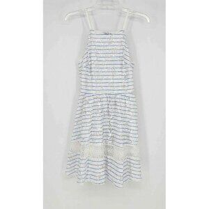 J by J.O.A. High Neck Lined White Blue Stripe Cotton Lace Dress Cutout Back Sm